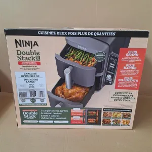 Ninja SL400 Double Stack XL Deep Fryer, Oil Free Deep Fryer, Vertical 2-Drawer Deep Fryer, 4 Cooking Levels, 2 Drawers and 2 Racks, Compact Design, 9.5L Capacity, 6 Cooking Functions, 8 Servings, Grey